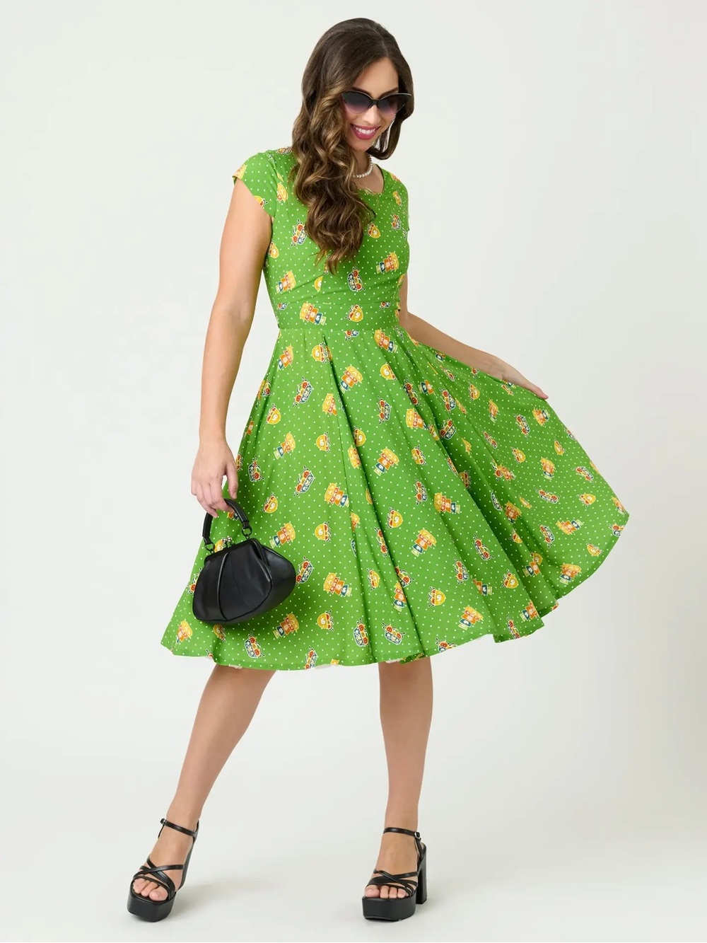 Unique Vintage Green Polka Dot Floral Fit-and-Flare Midi Dress